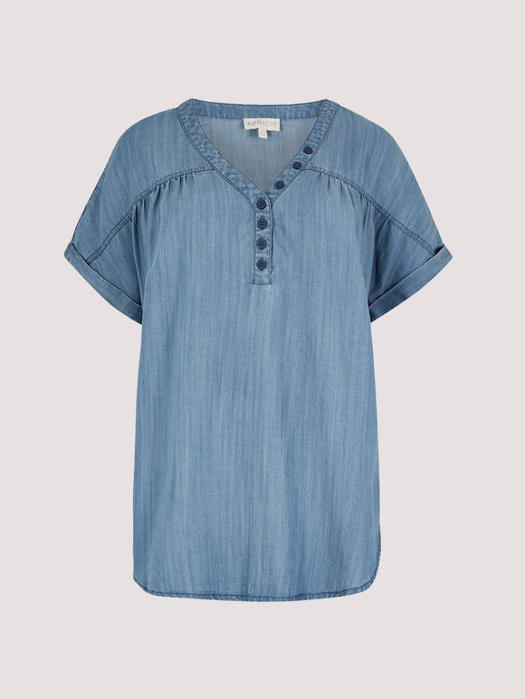 Jeans-T-Shirt mit durchgehender Knopfleiste, Blau, Größe L