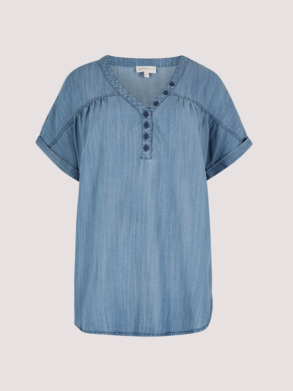 Denim Button Through Tee, Blue, large