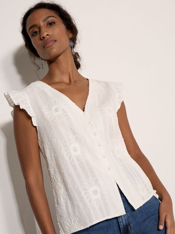 Daisy Embroidered Blouse, Cream, large