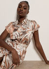 Tropical Leaf Satin Shirt Midi Dress, Stone, large