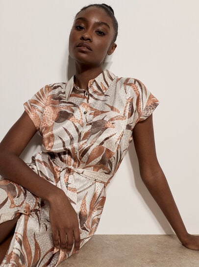 Tropical Leaf Satin Shirt Midi Dress