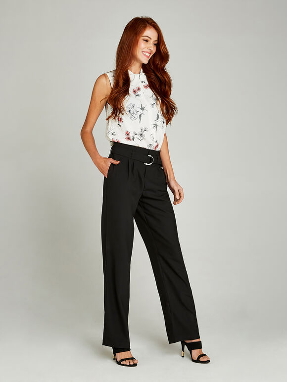 Black Belted High Waist Trousers, Black, large