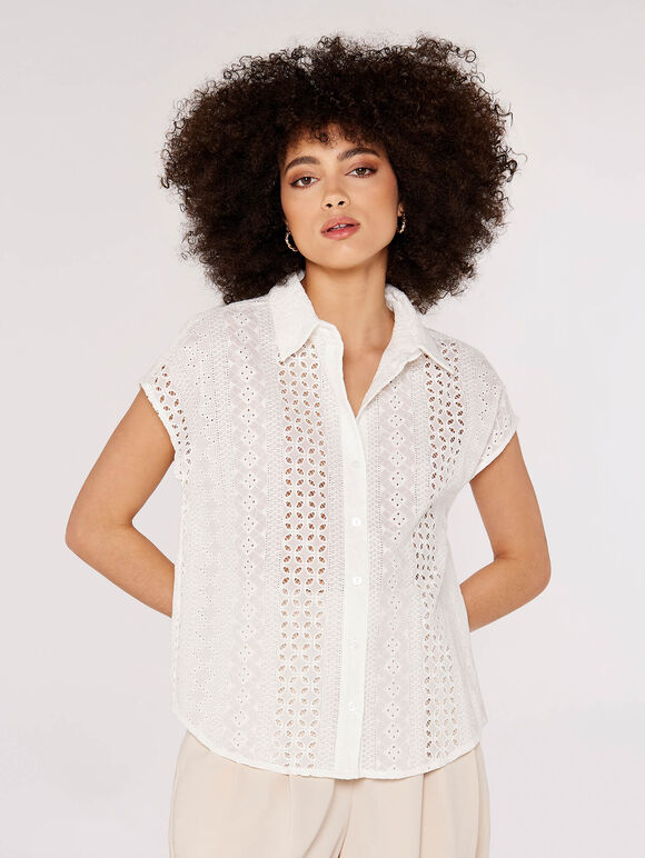 Broderie Short Sleeve Shirt, White, large