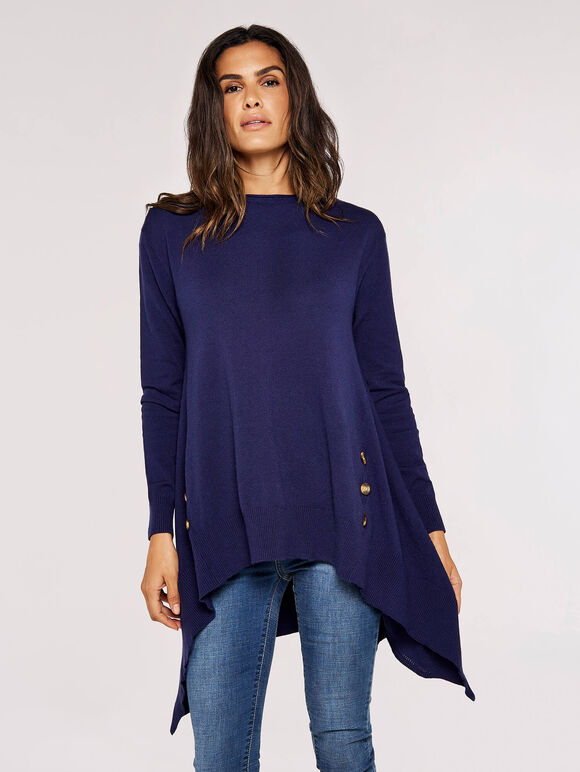 Longline Side Button Jumper, Navy, large