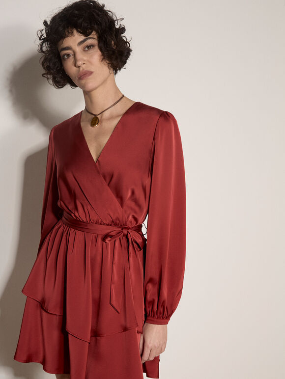 Satin Wrap Mini Dress, Burgundy, large