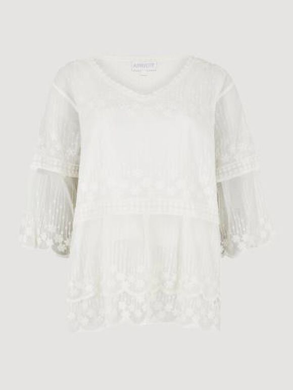 Embroidered Cotton Mesh Blouse, Cream, large