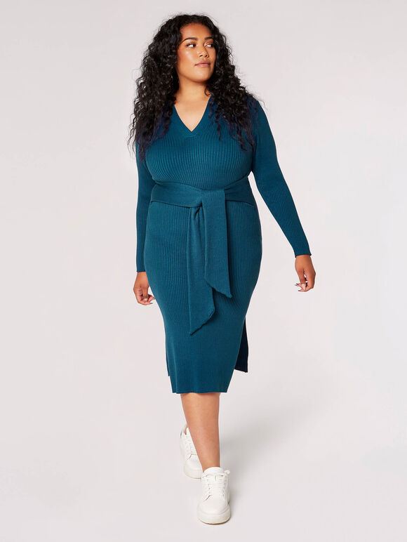 Curve Ribbed Midi Dress, Teal, large