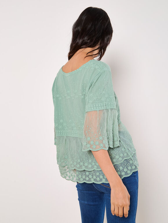 Embroidered Cotton Mesh Blouse, Mint, large