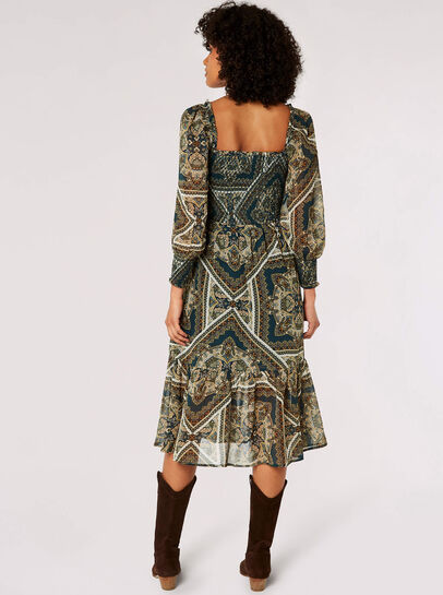 Scarf Print Milkmaid Midi Dress