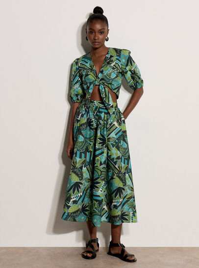 Tropical Leaf Patchwork Tie Front Top