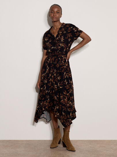Leaf Print Shirt Midi Dress