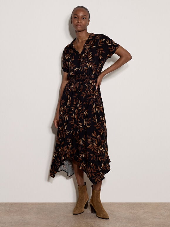 Leaf Print Shirt Midi Dress, Rust, large