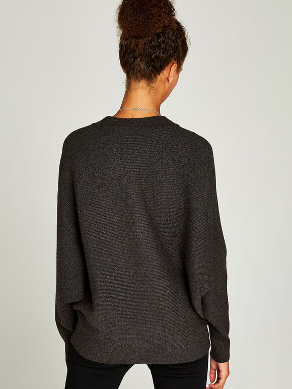 Ribbed Batwing Jumper, Dark Grey - Charcoal, large
