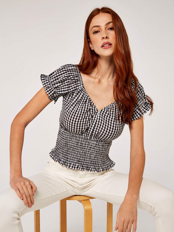 Gingham Smock Detail Top, Black, large