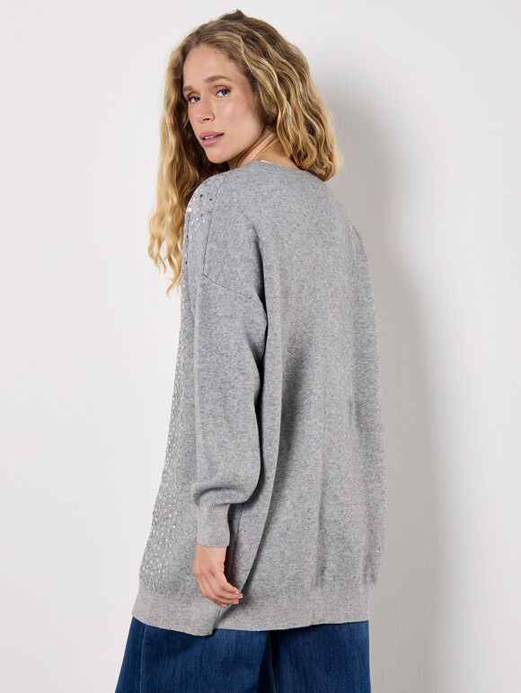 Sequin Embellished Long Cardigan, Grey, large