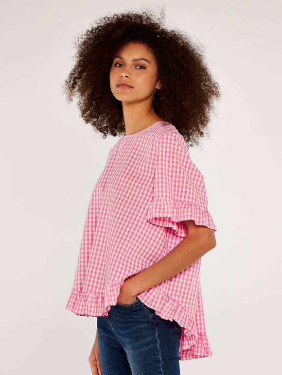 Gingham Ruffle Top, Pink, large