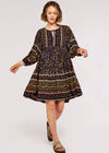 Folk Border Print Mini Dress, Navy, large
