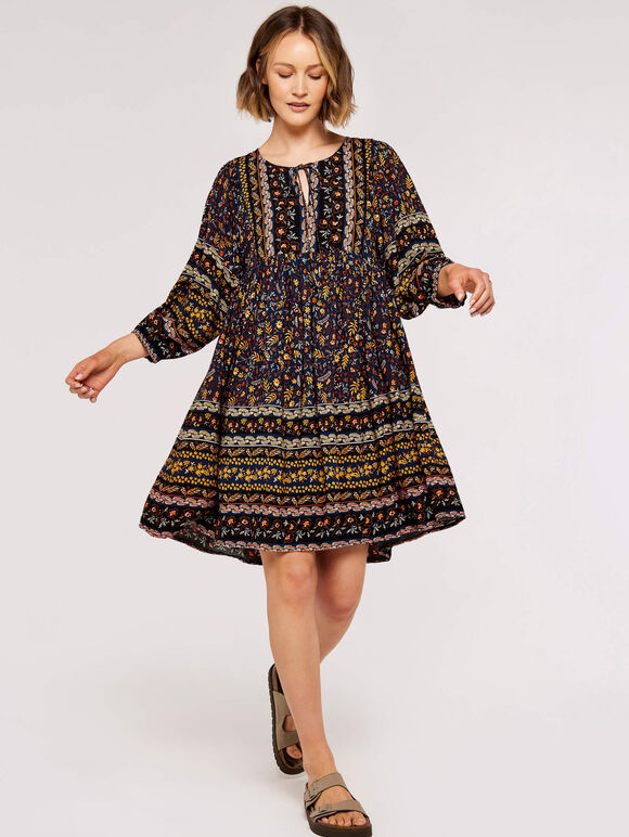 Folk Border Print Mini Dress, Navy, large