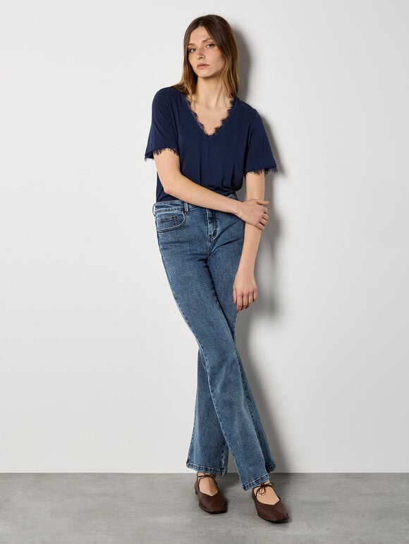 Slub Jersey Eyelash Lace T-Shirt, Navy, large