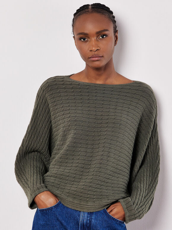 Cable Stripe Batwing Jumper, Khaki, large