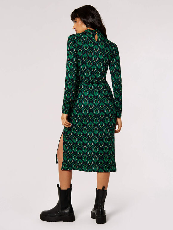 Peacock Print  Knit Midi Dress, Green, large