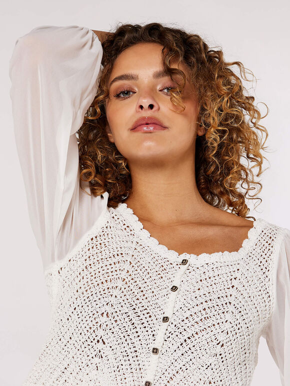 Crochet Crop Cardigan, Cream, large