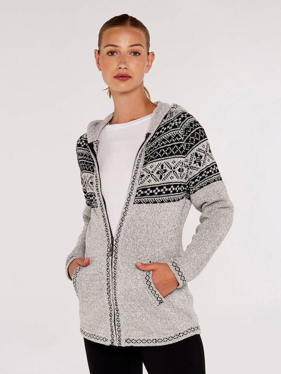 Fairisle Zip Through Cardigan, Grey, large