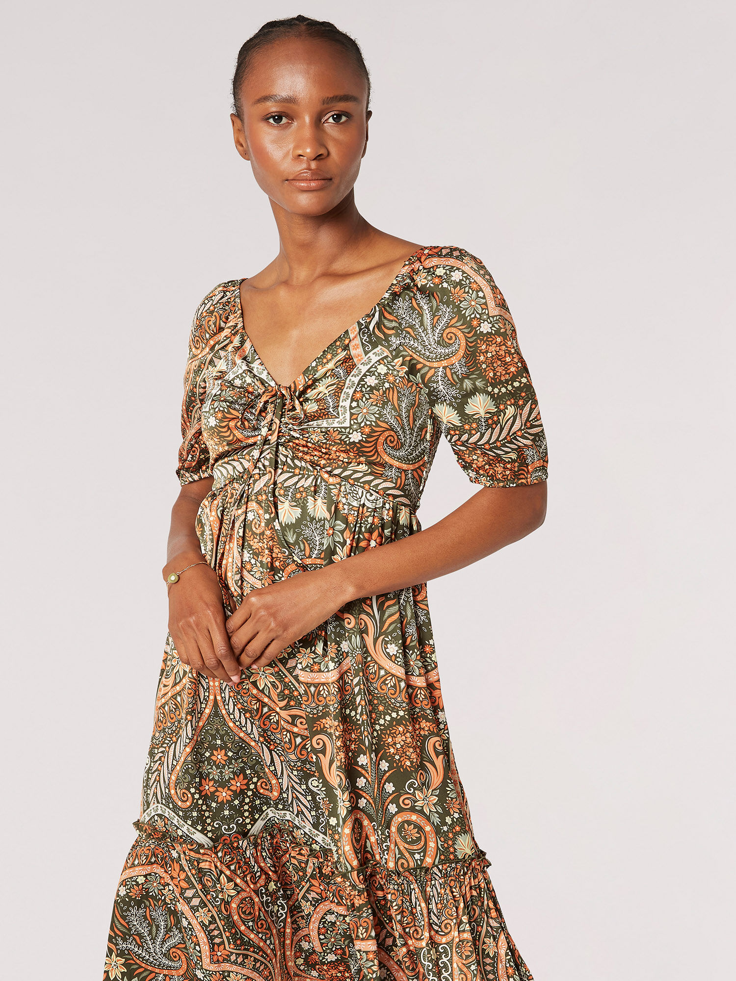 Boho Floral Satin Midi Dress Apricot Clothing