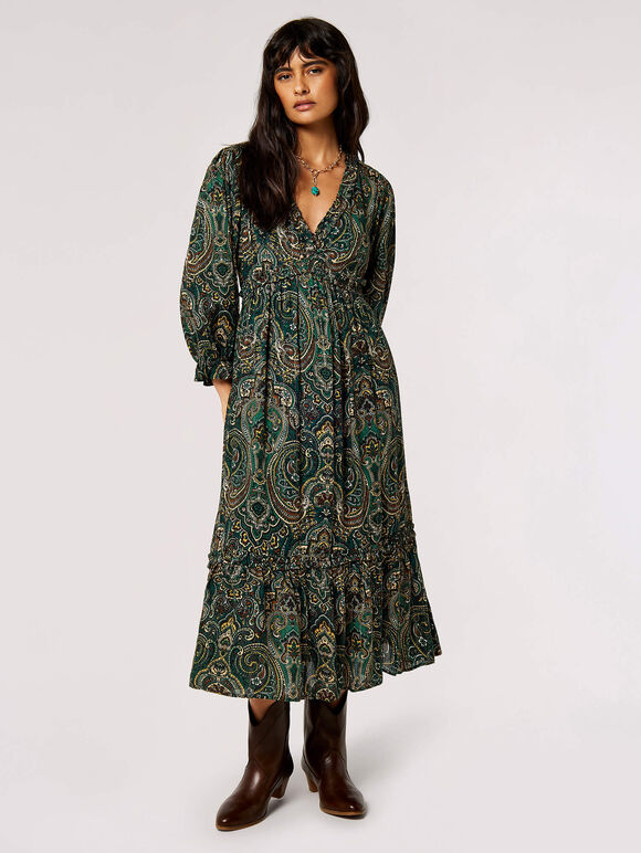 Paisley Ruffle Midaxi Dress, Green, large