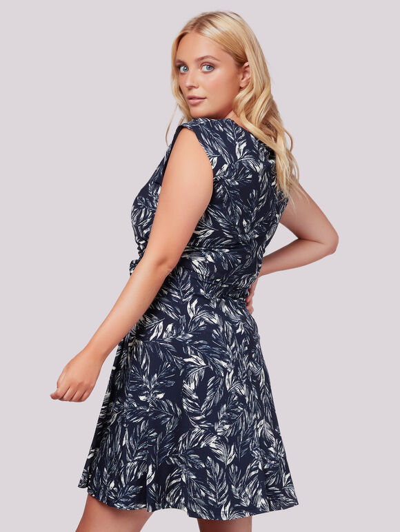 Feather Leaf Print Tie Front Dress+, Navy, large