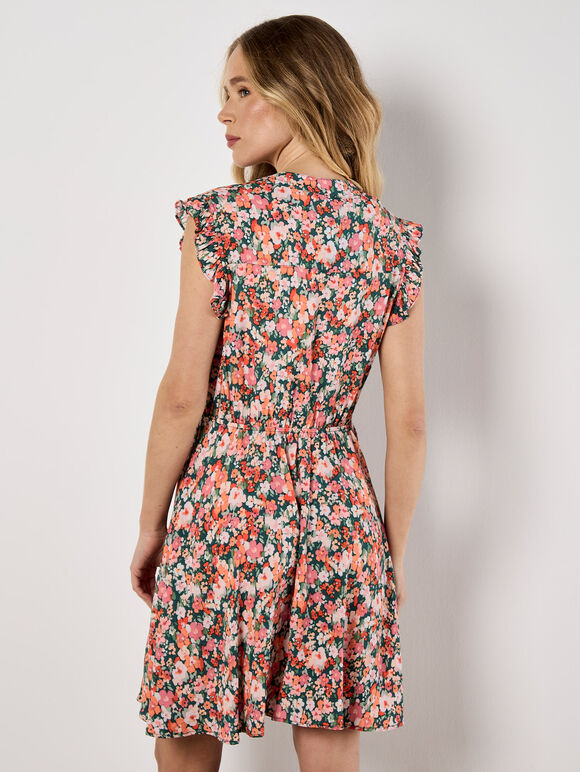 Ditsy Floral Ruffle Mini Dress, Green, large