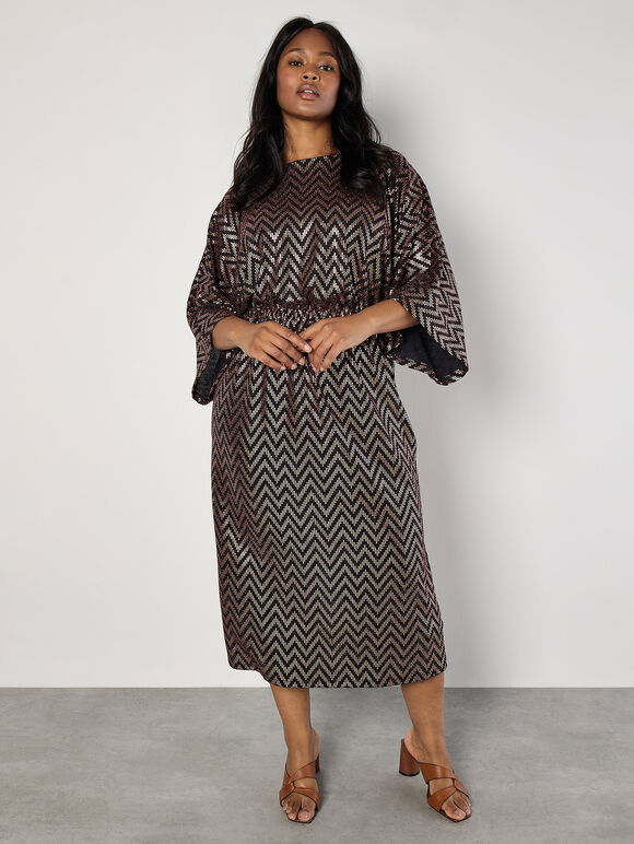 Curve Chevron Mirror Sequin Midi Dress, Brown, large