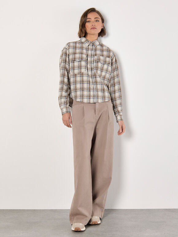 Cropped Check Shirt, Cream, large