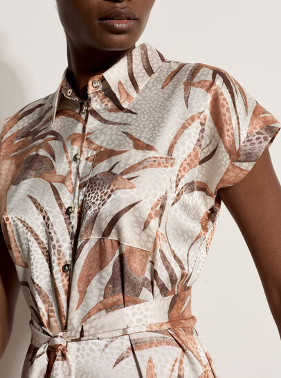 Tropical Leaf Satin Shirt Midi Dress