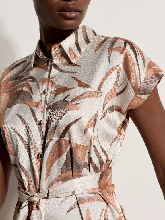 Tropical Leaf Satin Shirt Midi Dress, Stone, large