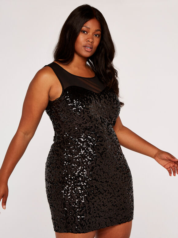 Curve Sweetheart Sequin Dress, Black, large