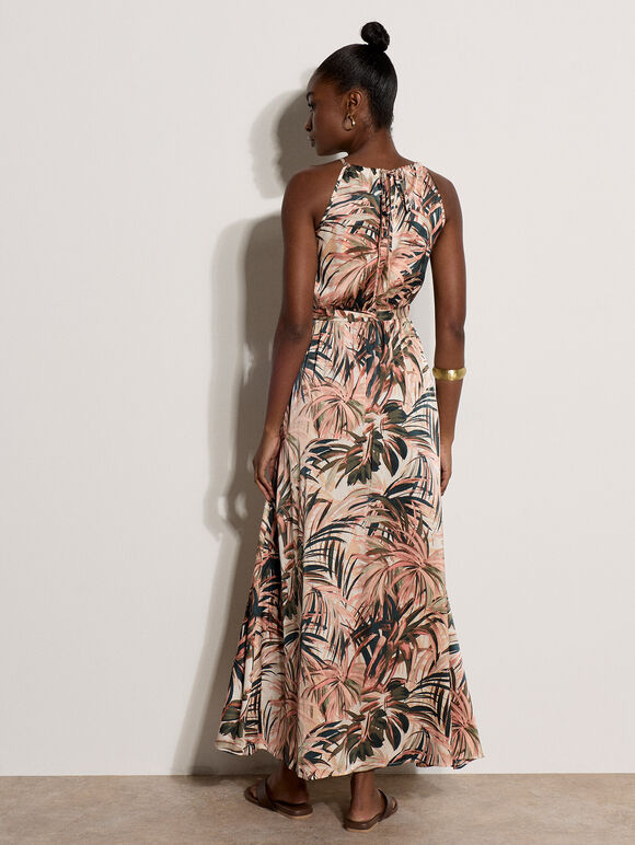 Tropical Leaf Satin Maxi Dress, Stone, large