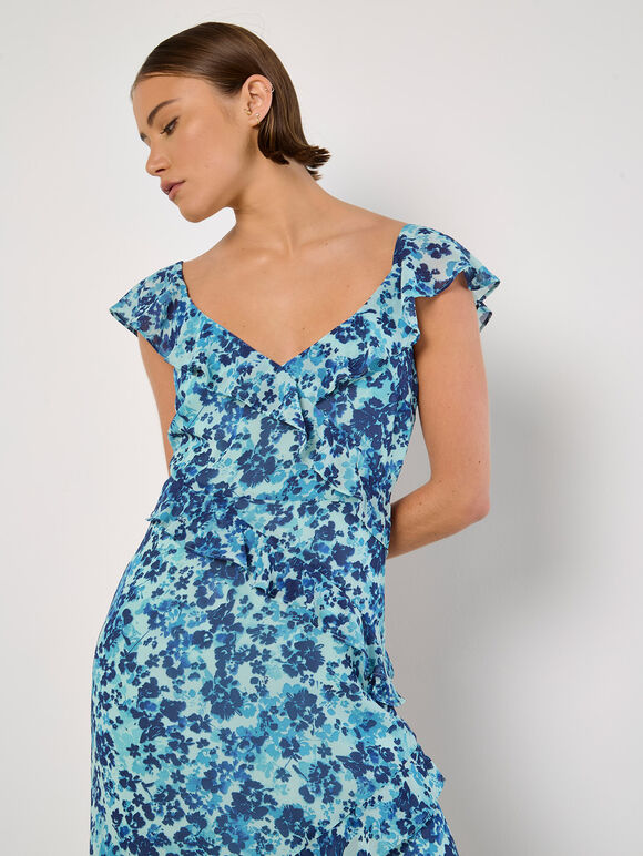 Floral Asymmetric Ruffle Midaxi Dress, Aqua - Turquoise, large