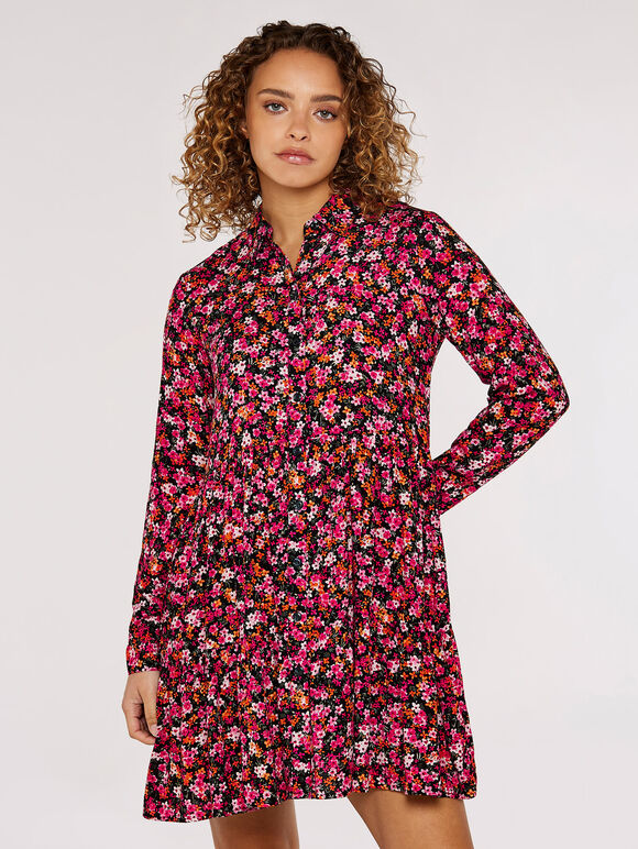 Ditsy Shirt Mini  Dress, Black, large
