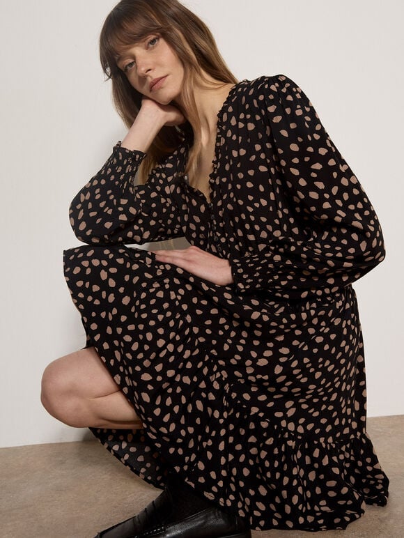 Irregular Spot Crepe Mini Dress, Black, large