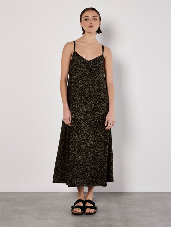 Animal Print Crepe Maxi Slip Dress, Khaki, large