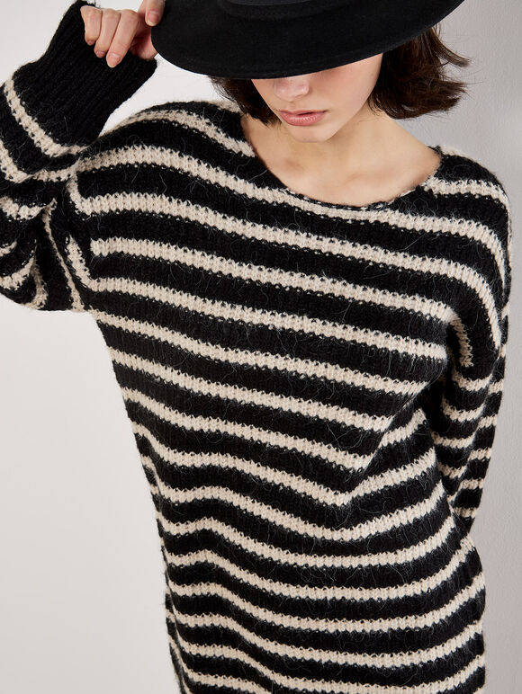 Oversized Stripe Jumper Mini Dress, Black, large