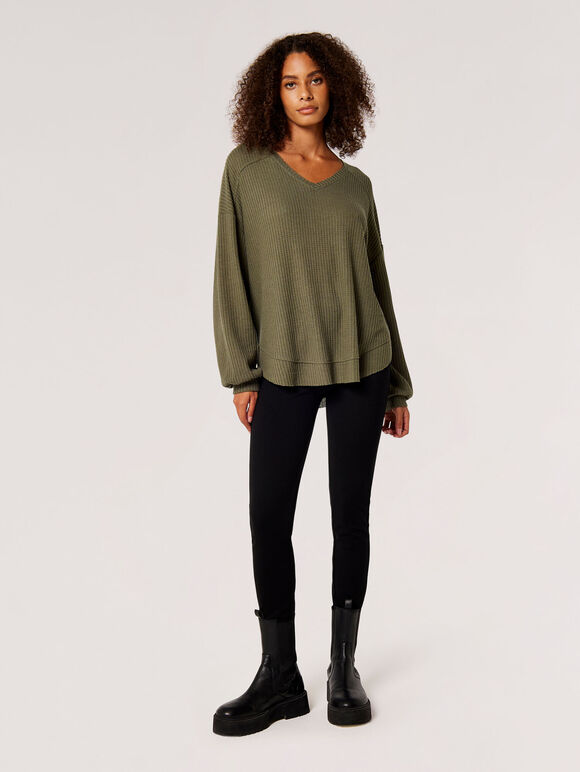 Oversized Waffle Knit Top, Khaki, large