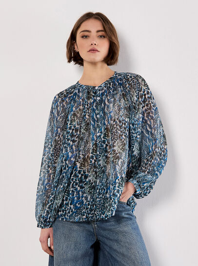 Patchwork Feather Print Chiffon Top