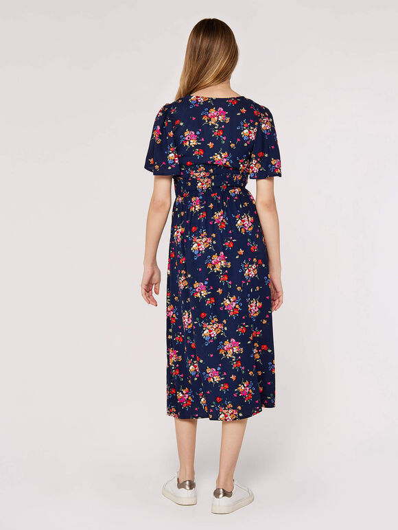 Smocked Bodice Midi Dress, Navy, large