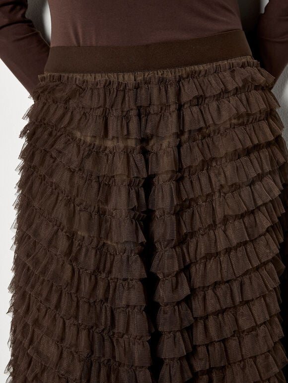 Ruffle Tiered Tulle Maxi Skirt, Brown, large