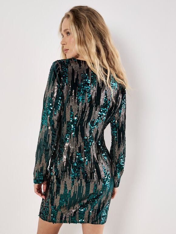 Mixed Sequin Velvet Bodycon Mini Dress, Green, large