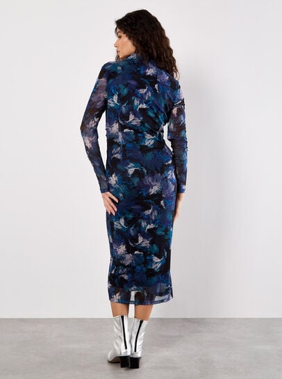 Floral Mesh Ruched Midi Dress
