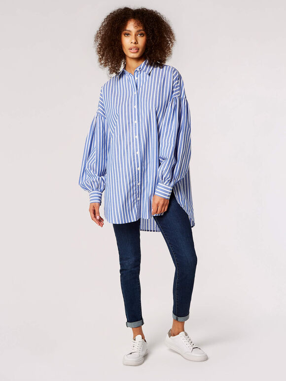 Oversized Stripe Cotton Shirt, Blue, large