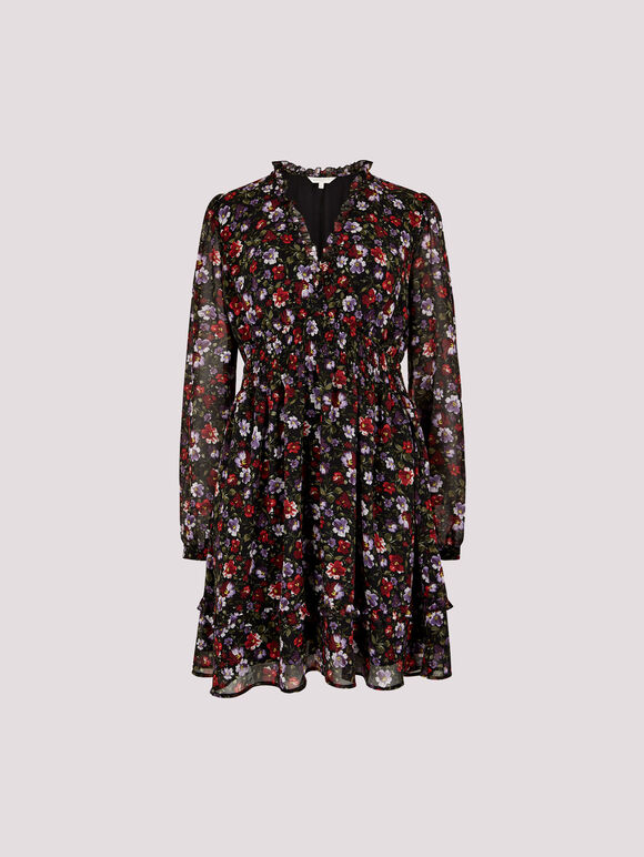 Floral Ruffle Chiffon Mini Dress, Red, large
